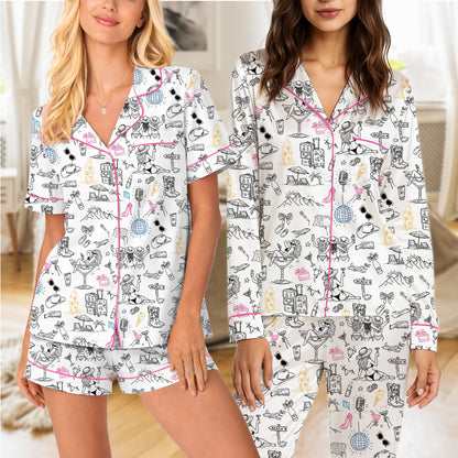 Doodle print pajama set with pink, blue, and yellow pops of color