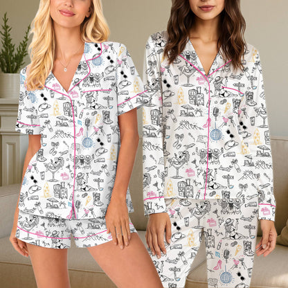 Bachelorette / girls trip pajama set featuring doodle print, main view