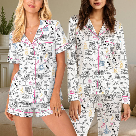 Bachelorette / girls trip pajama set featuring doodle print, main view