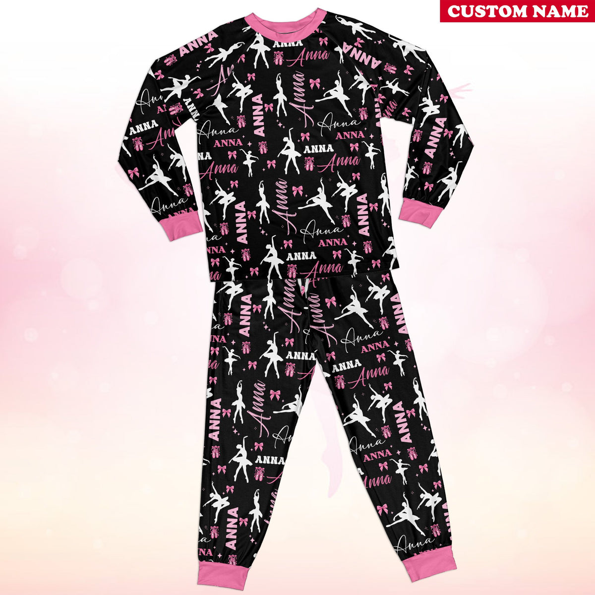 Front view of the ballet pajama set showing the all-over print design