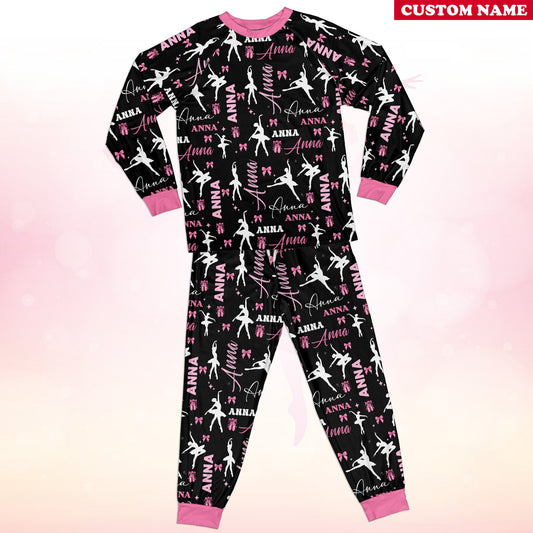 Personalized ballet pajama set featuring custom name and white ballerina silhouettes on black background