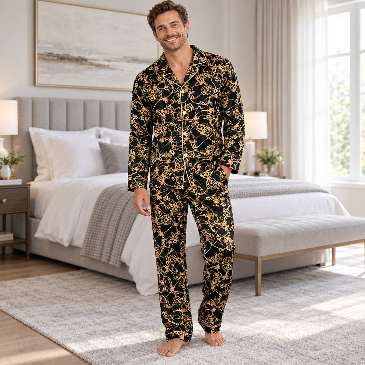 Baroque chain pajama set in black and gold, matching family styles