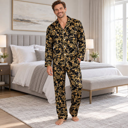 Baroque chain pajama set in black and gold, matching family styles