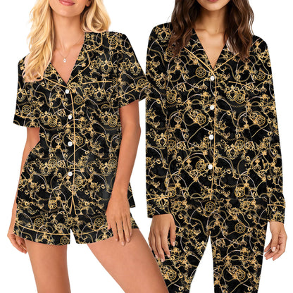 Front view of the baroque chain pajama set on black background