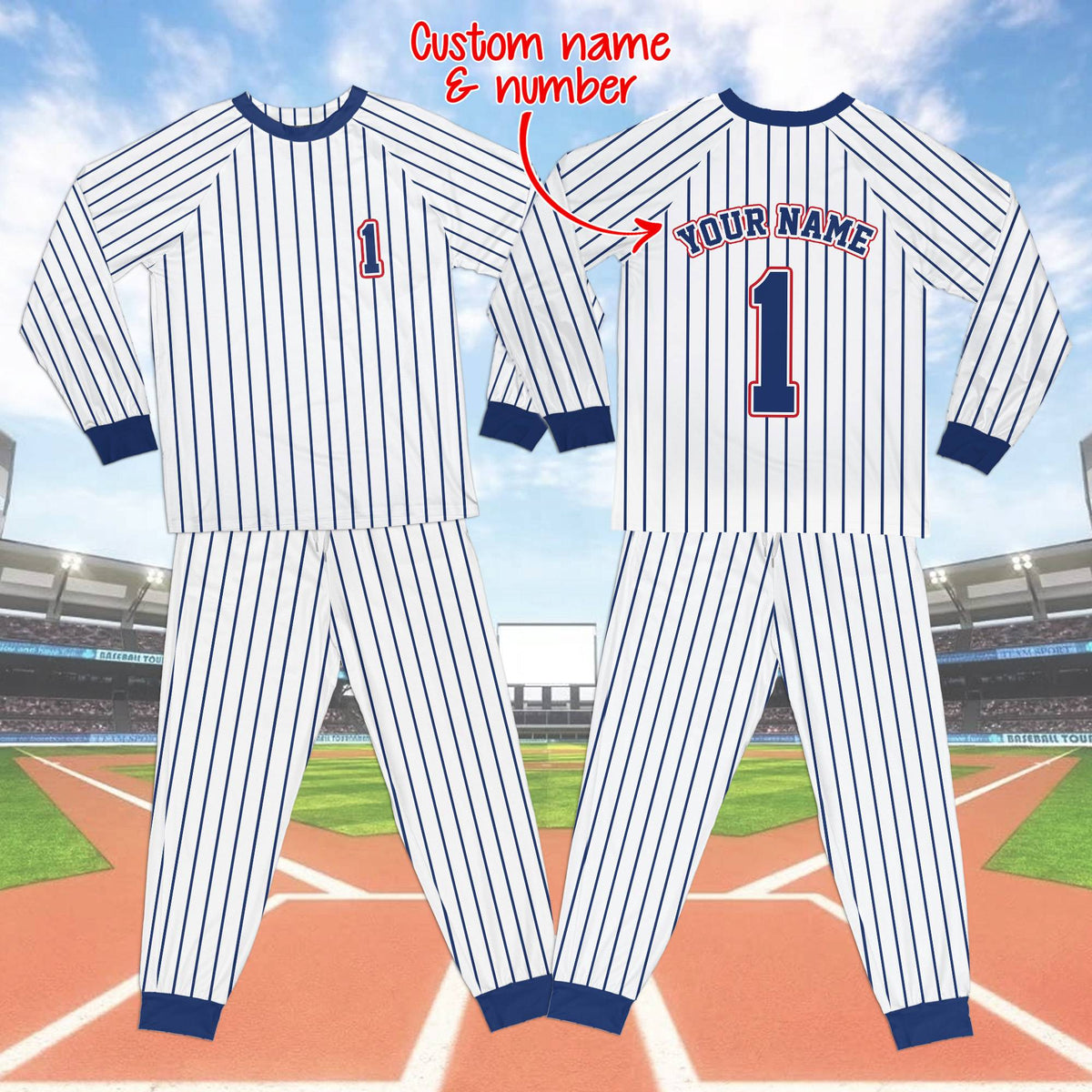 Detailed front view of the personalized baseball pajama set