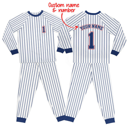 Front view of the custom white and navy baseball pajama set