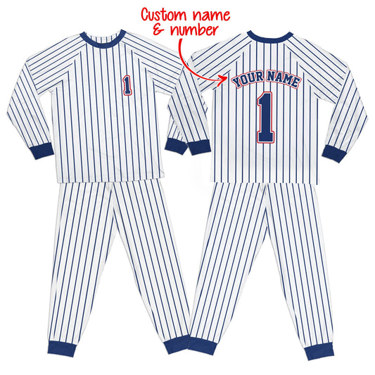 Personalized baseball pajama set for kids in white with navy pinstripes, main view