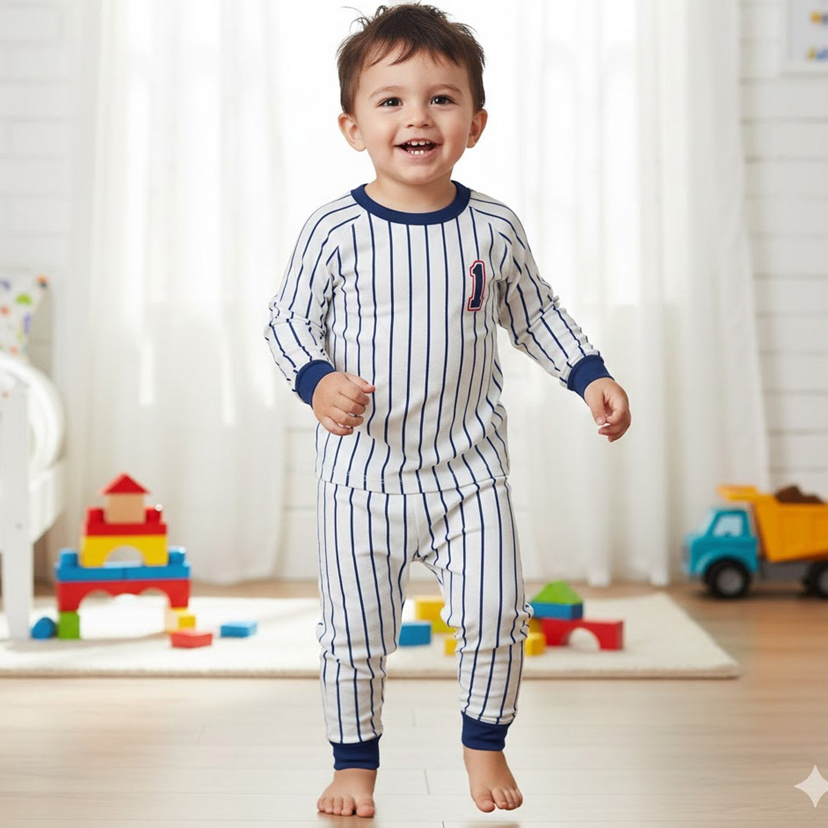 Lifestyle view of a kid wearing the matching family pajama set