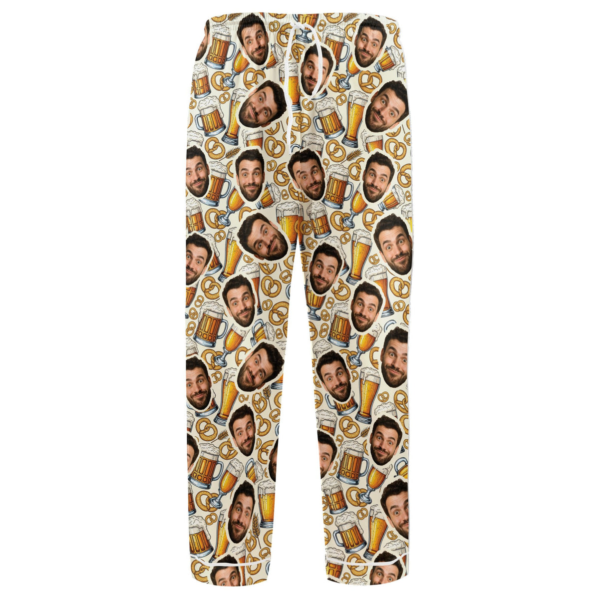 Front view of the personalized pajama set with beer and pretzels pattern