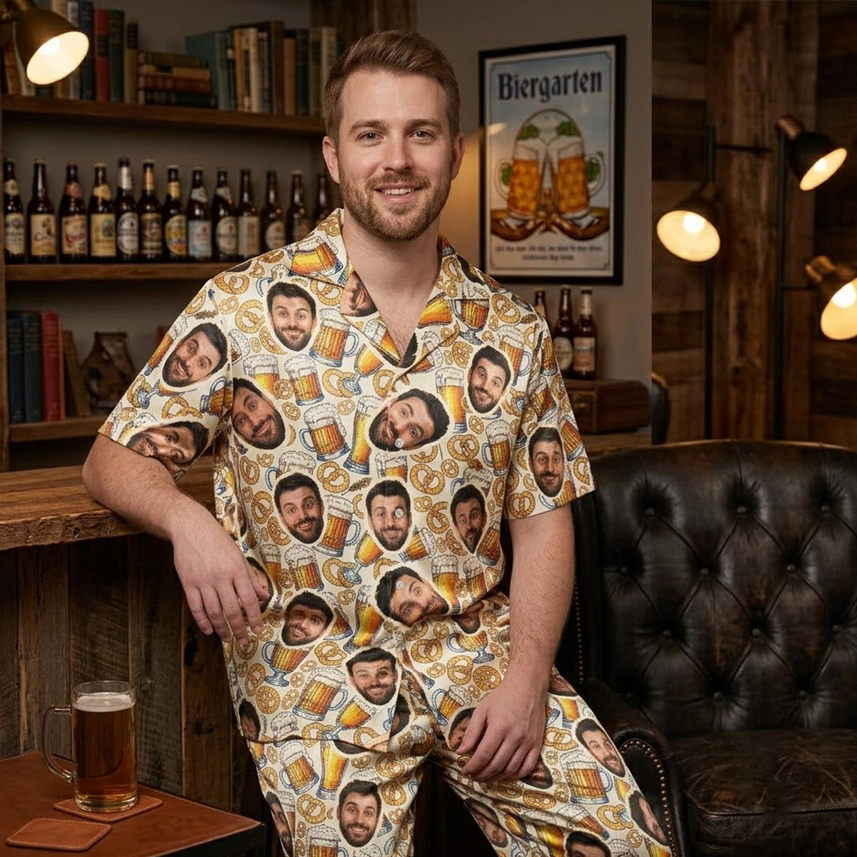 Adult modeling the beer and pretzels oktoberfest pajama set