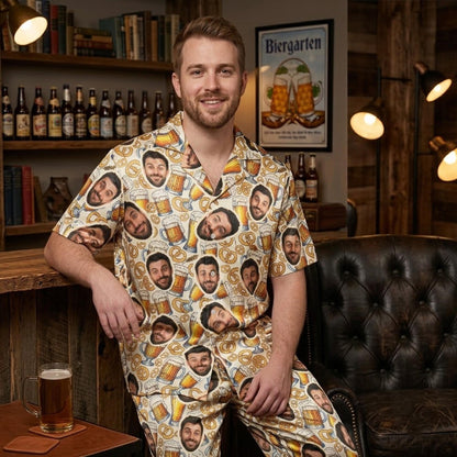 Adult modeling the beer and pretzels oktoberfest pajama set