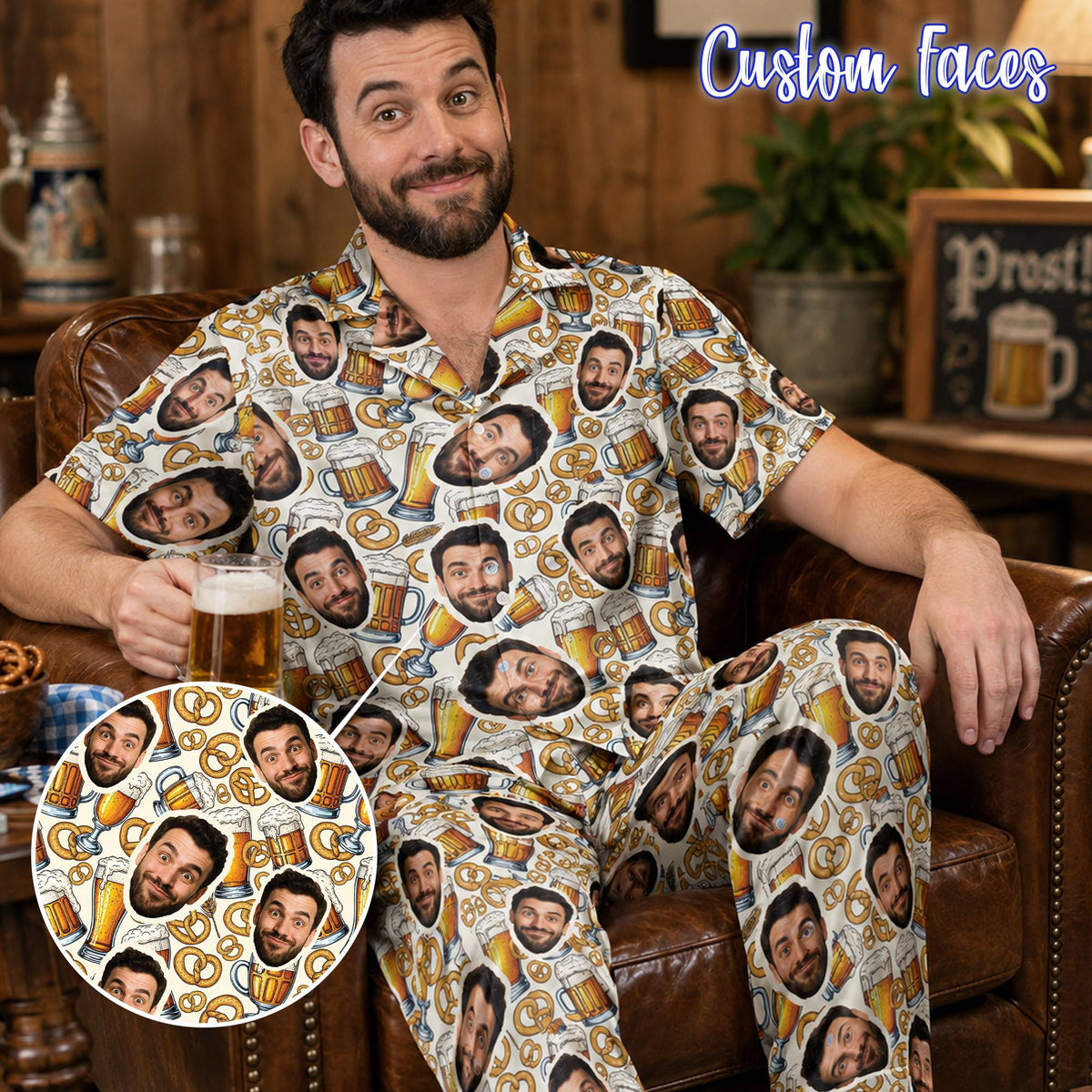 Fun lifestyle shot of the custom pajama set in white, yellow, and brown