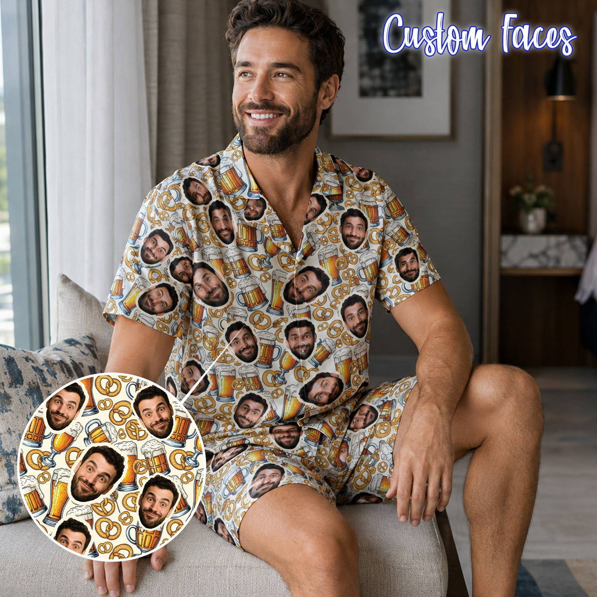 Lifestyle view of the matching pajamas family set in beer and pretzels theme