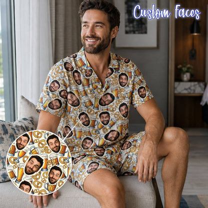 Lifestyle view of the matching pajamas family set in beer and pretzels theme