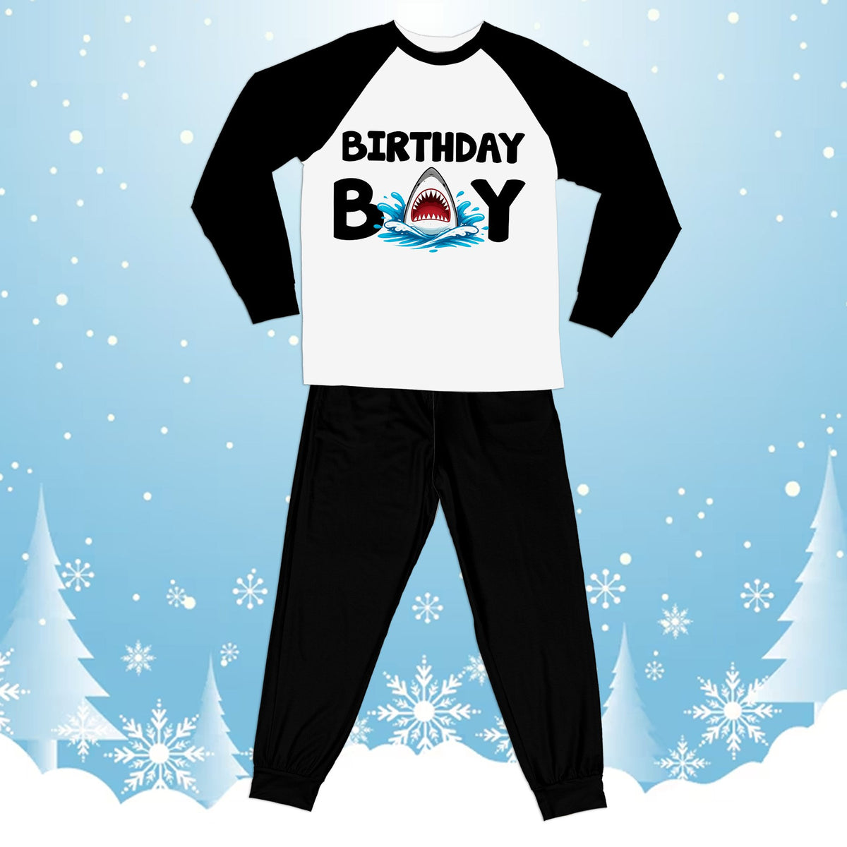 Black birthday boy shark pajama set alternate front view