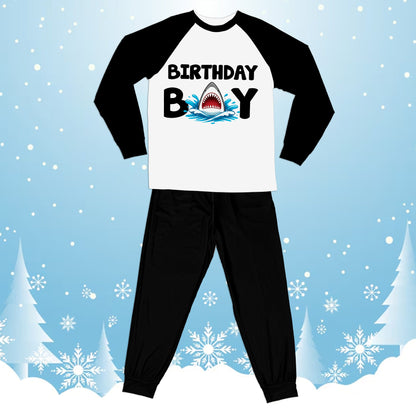 Black birthday boy shark pajama set alternate front view