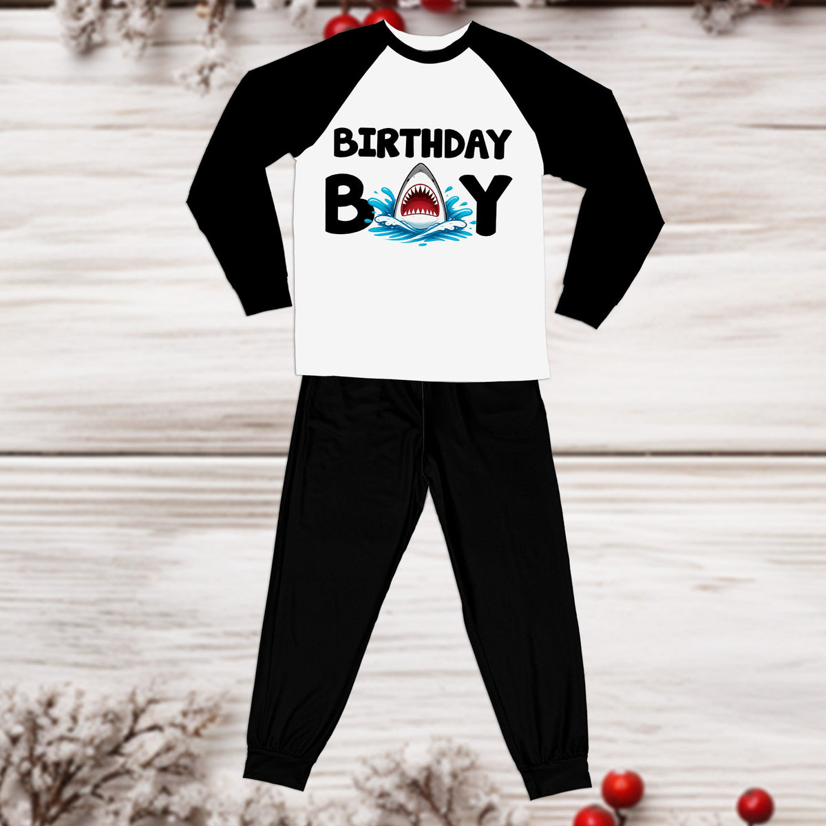 Black birthday boy shark pajama set front view