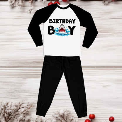 Black birthday boy shark pajama set front view