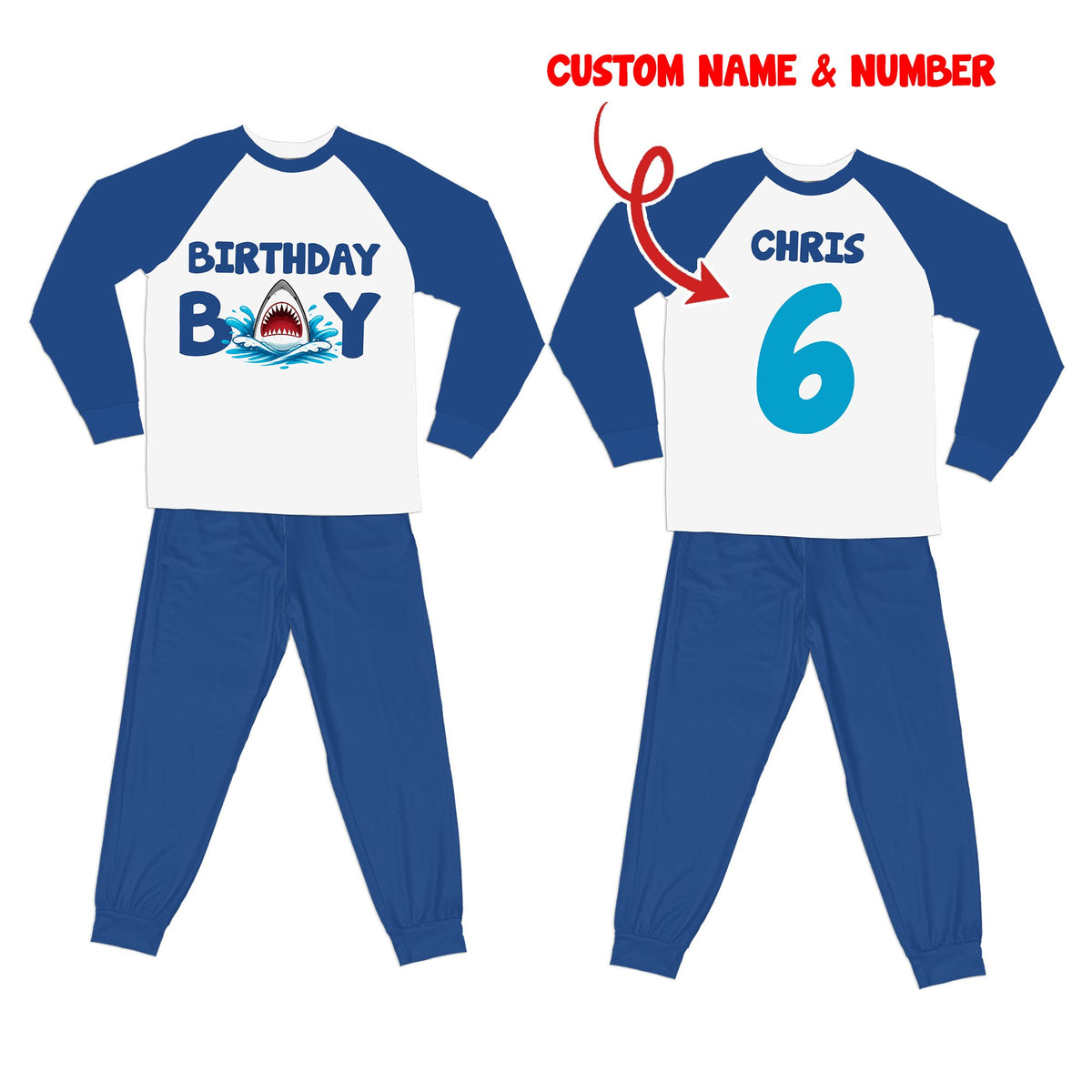 Blue birthday boy shark pajama set front view