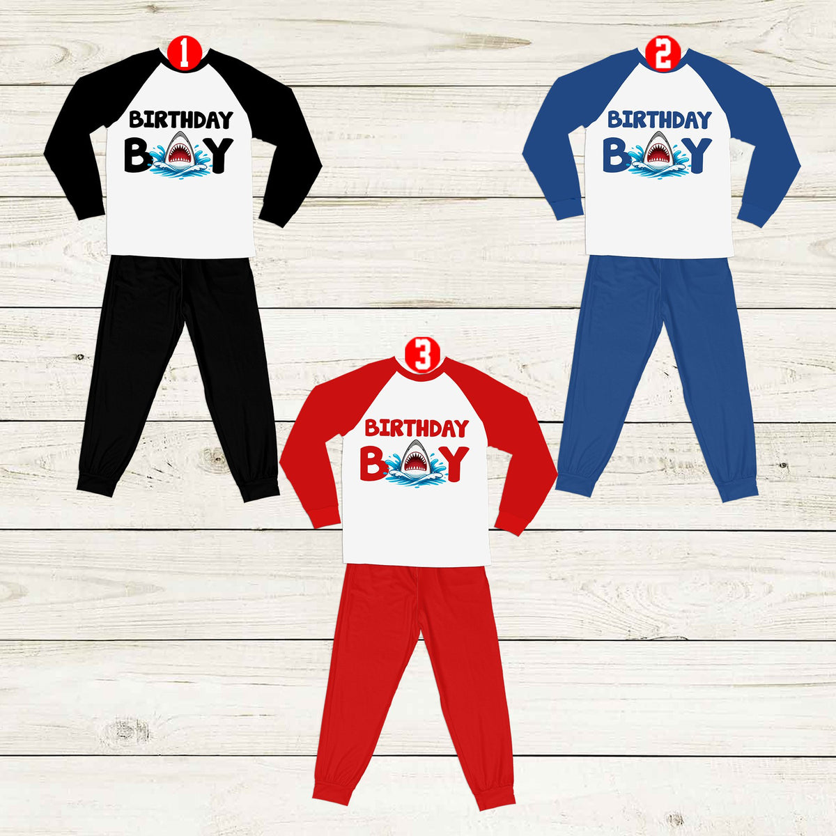 Close up front view of the birthday boy shark pajama set graphic