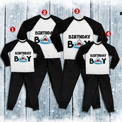 Front view of the birthday boy shark pajama set graphic