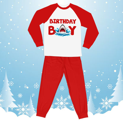 Red birthday boy shark pajama set front view