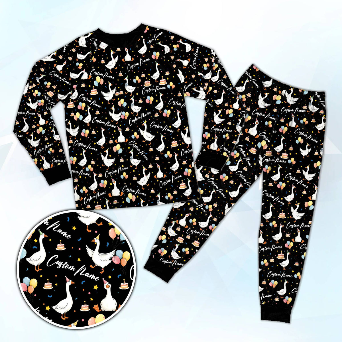 Black pajama set with birthday goose design and custom name