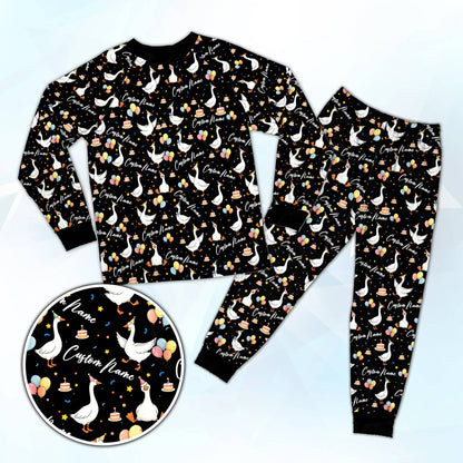 Black pajama set with birthday goose design and custom name