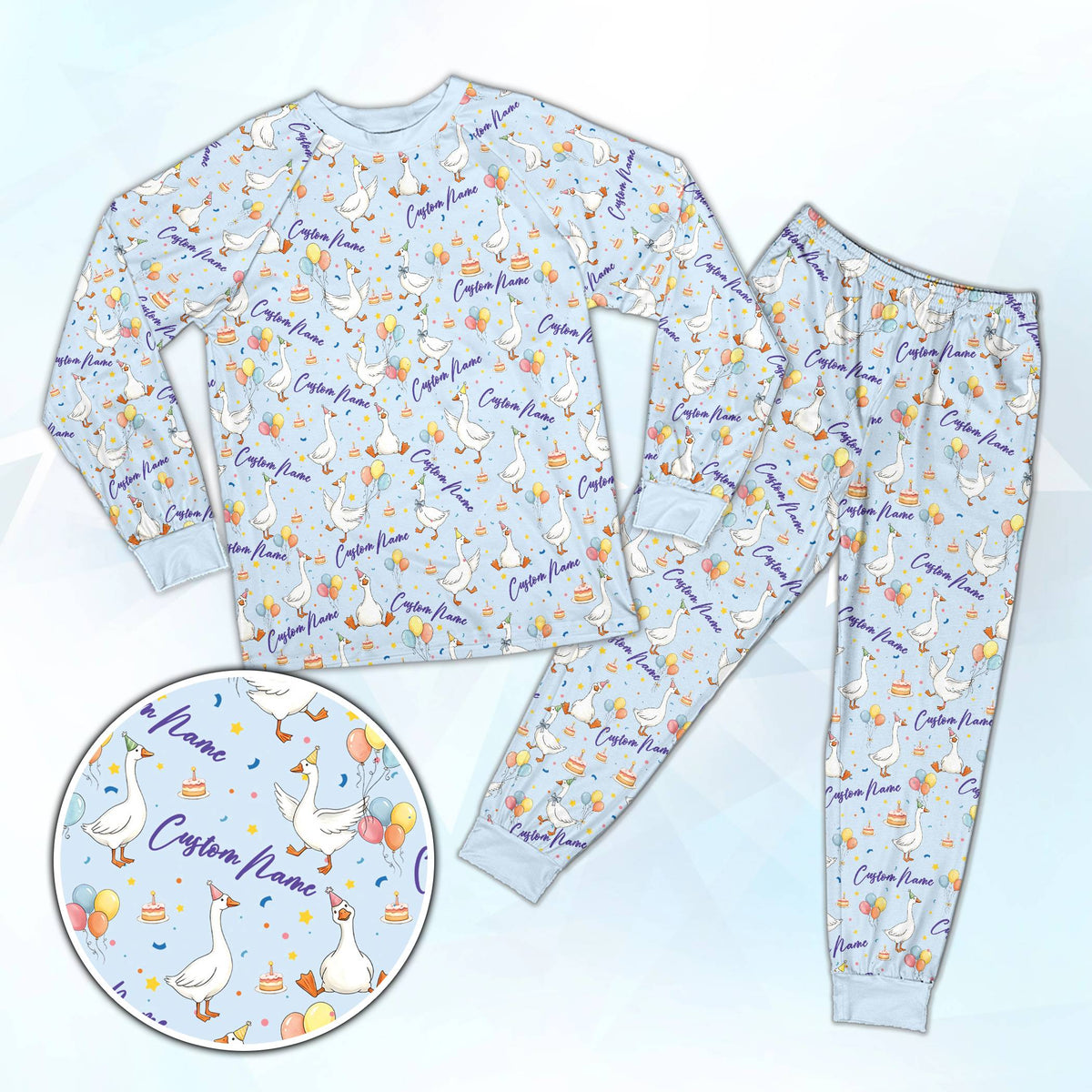 Light blue birthday goose pajama set for family matching