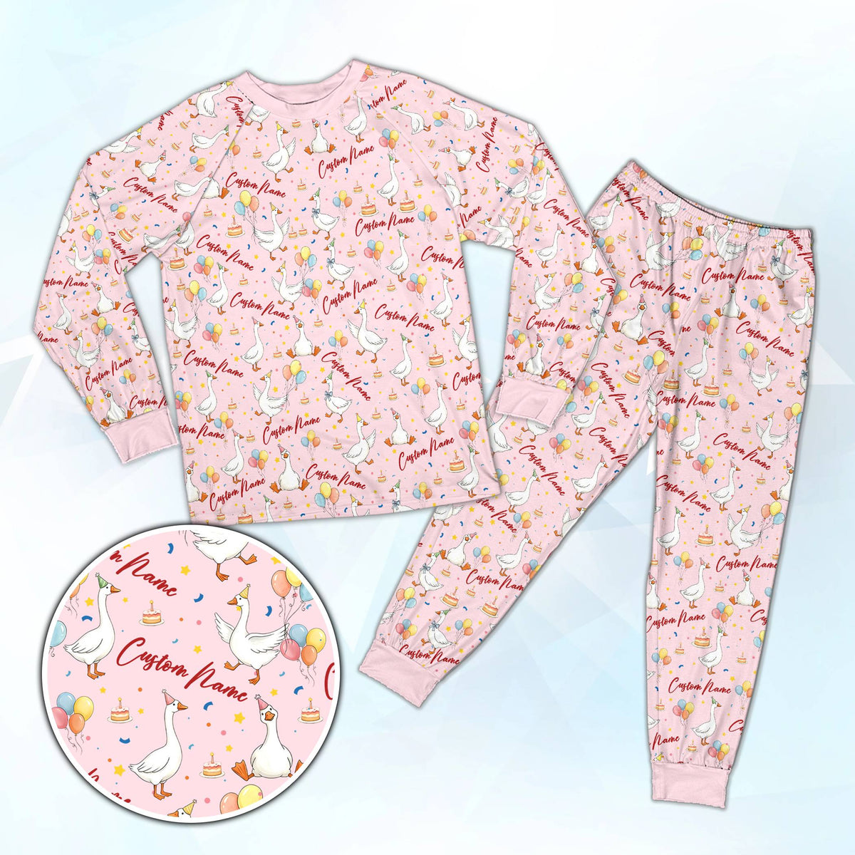 Matching family pajamas in pink featuring the birthday goose pattern and custom name