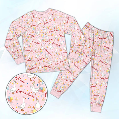 Matching family pajamas in pink featuring the birthday goose pattern and custom name