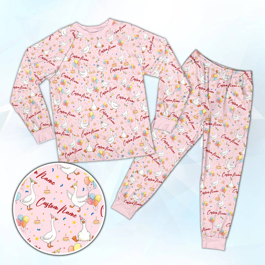 Matching family pajamas in pink featuring the birthday goose pattern and custom name