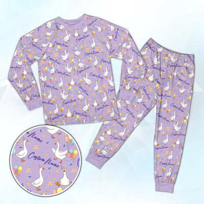 Purple custom name birthday goose pajama set front view