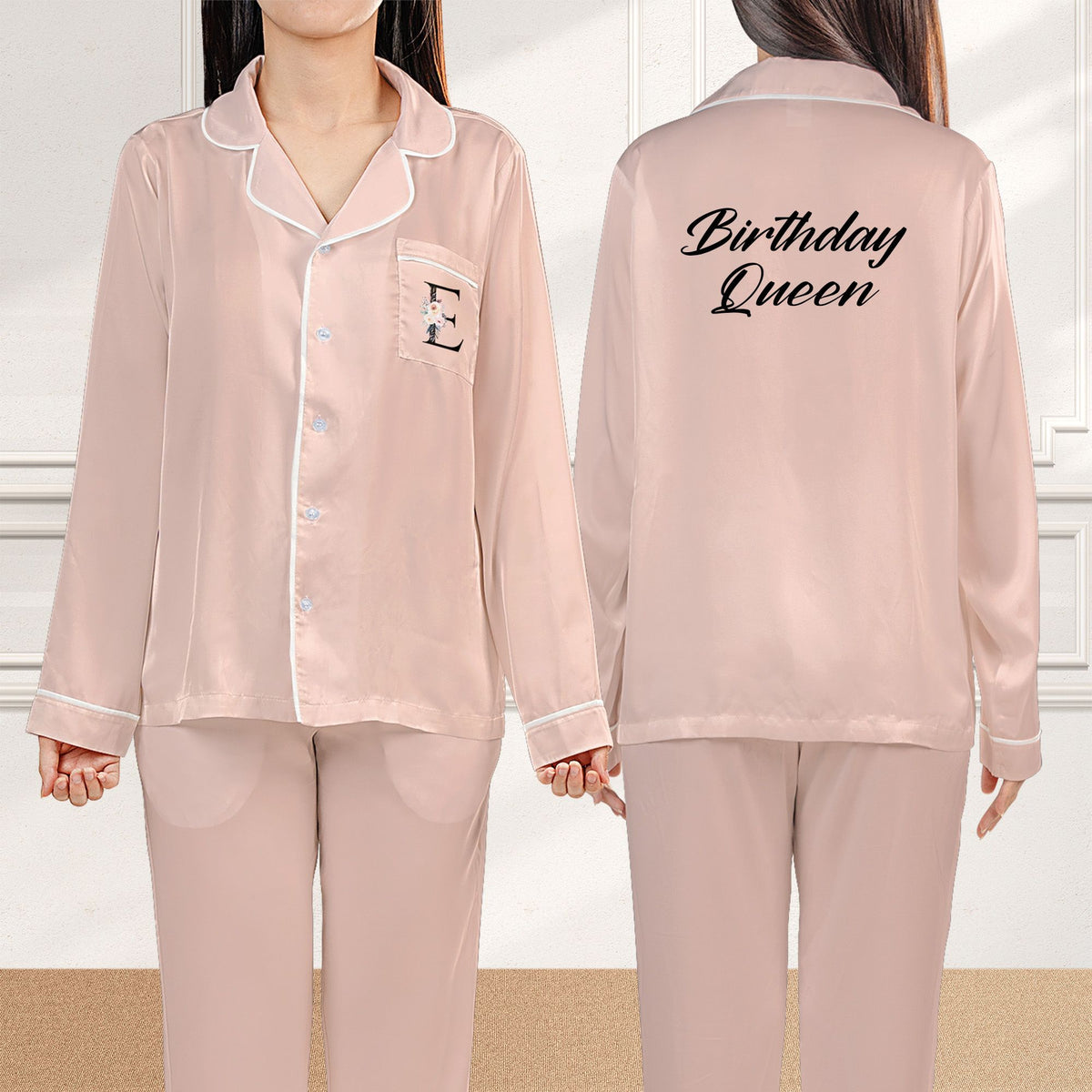 Pink birthday pajama set featuring custom text, front view