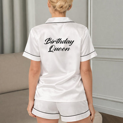 Back view of the white custom text pajama set showing birthday design