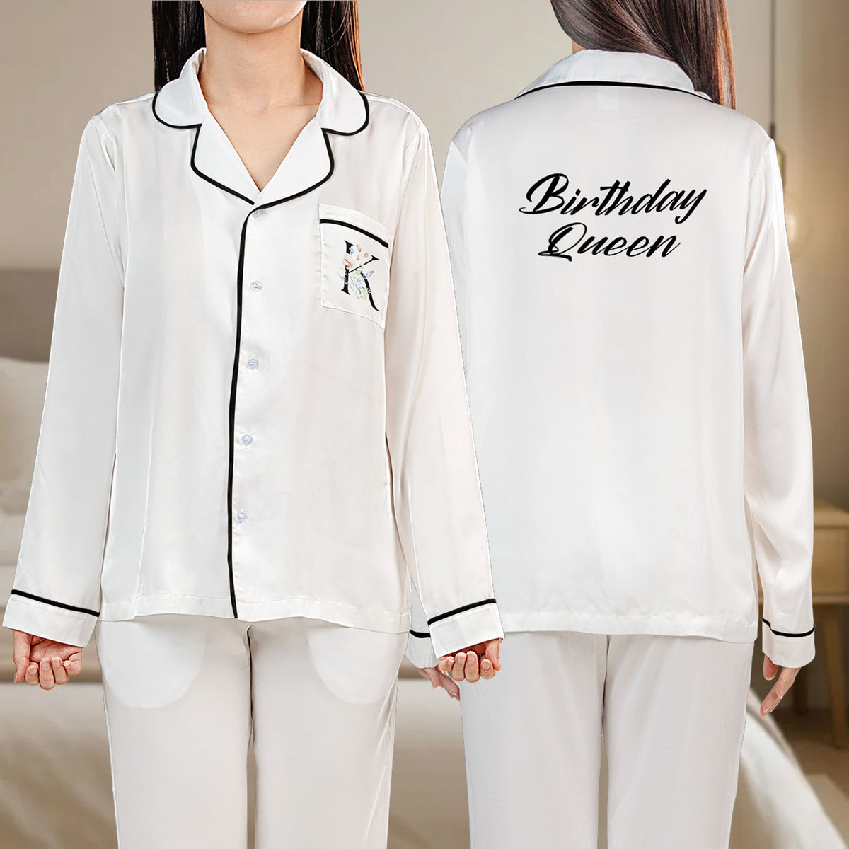 Personalized white custom text pajama set with floral initial for birthday celebrations, front view