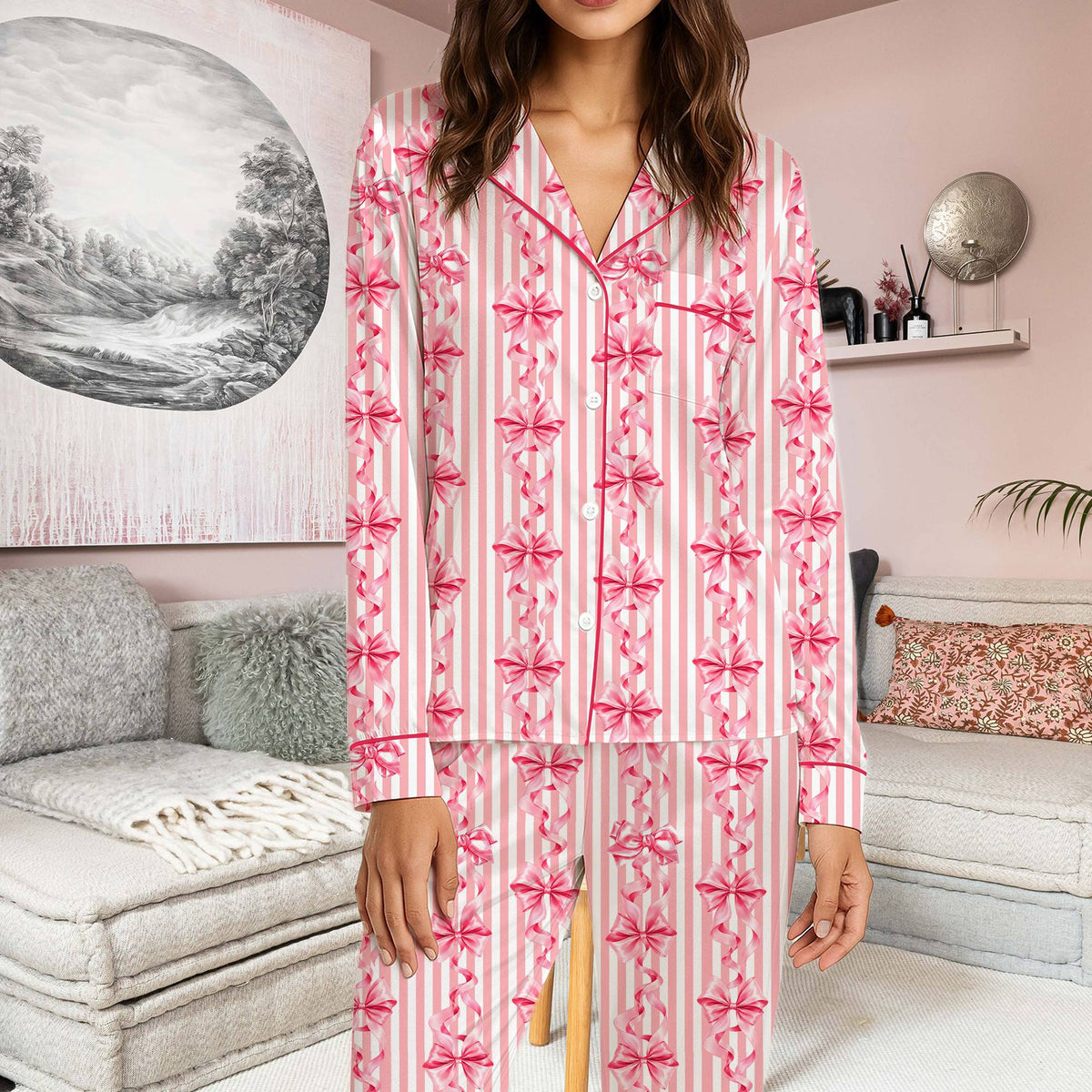 Close-up lifestyle view showing the colorful decorative bows on the pajama top