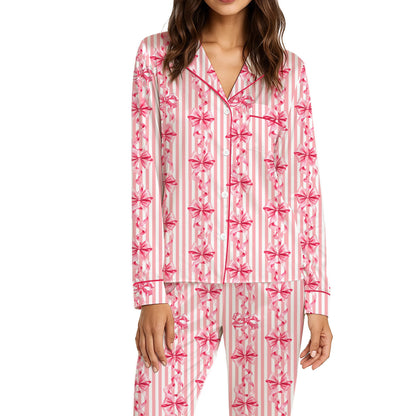 Lifestyle image of someone wearing the bow pajama set