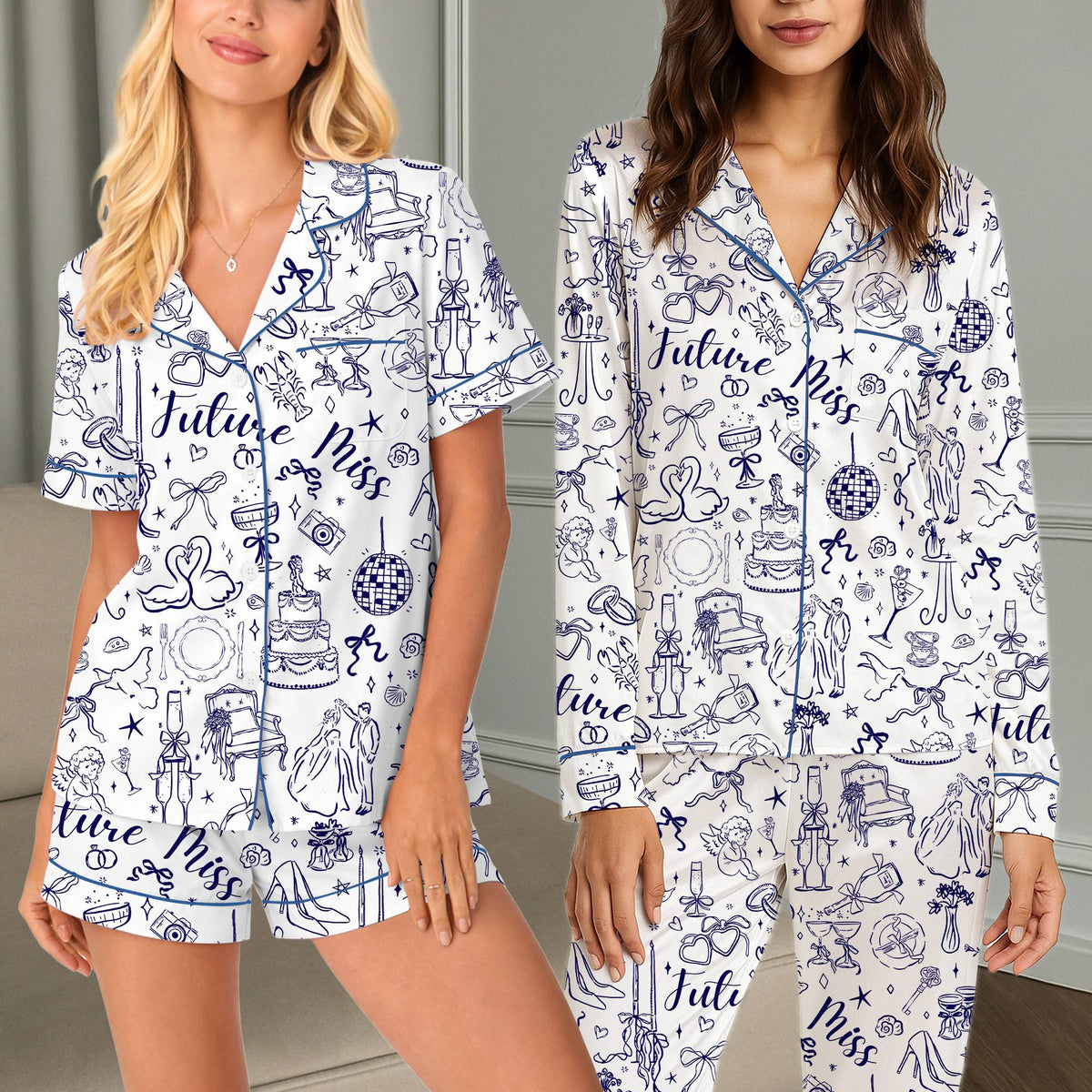 White bridal pajama set featuring Future Miss text, front view
