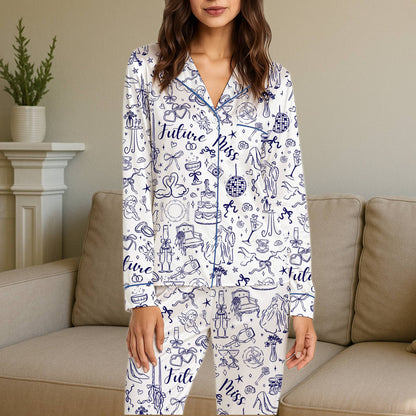 Adult bridal pajama set with wedding motifs, front view