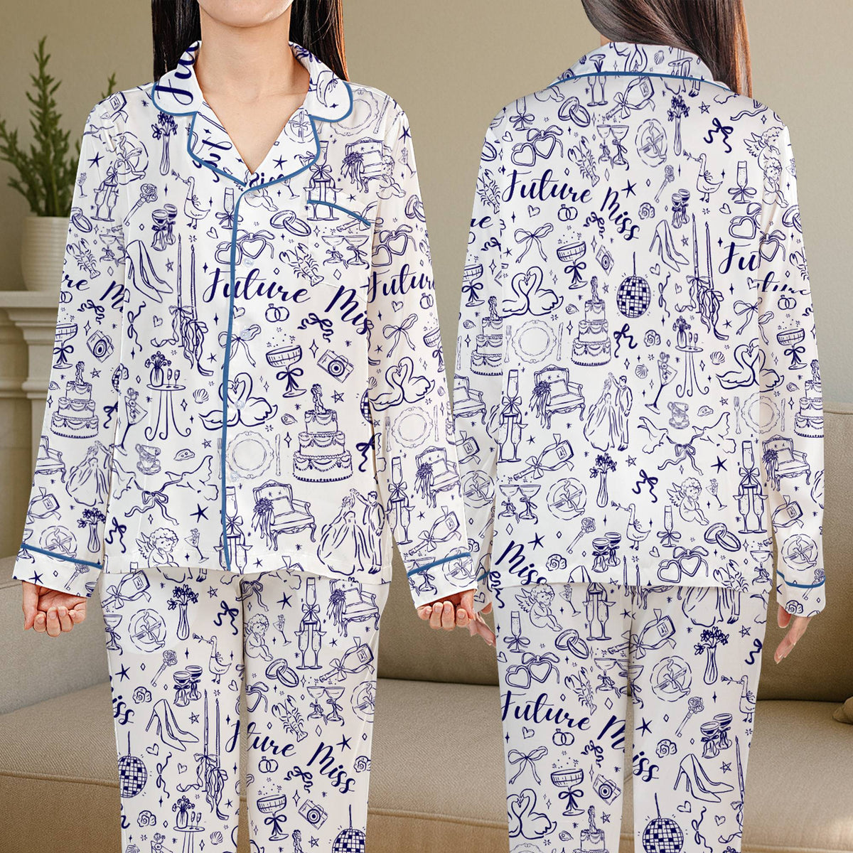 White pajama set with blue rings and cakes pattern, front view