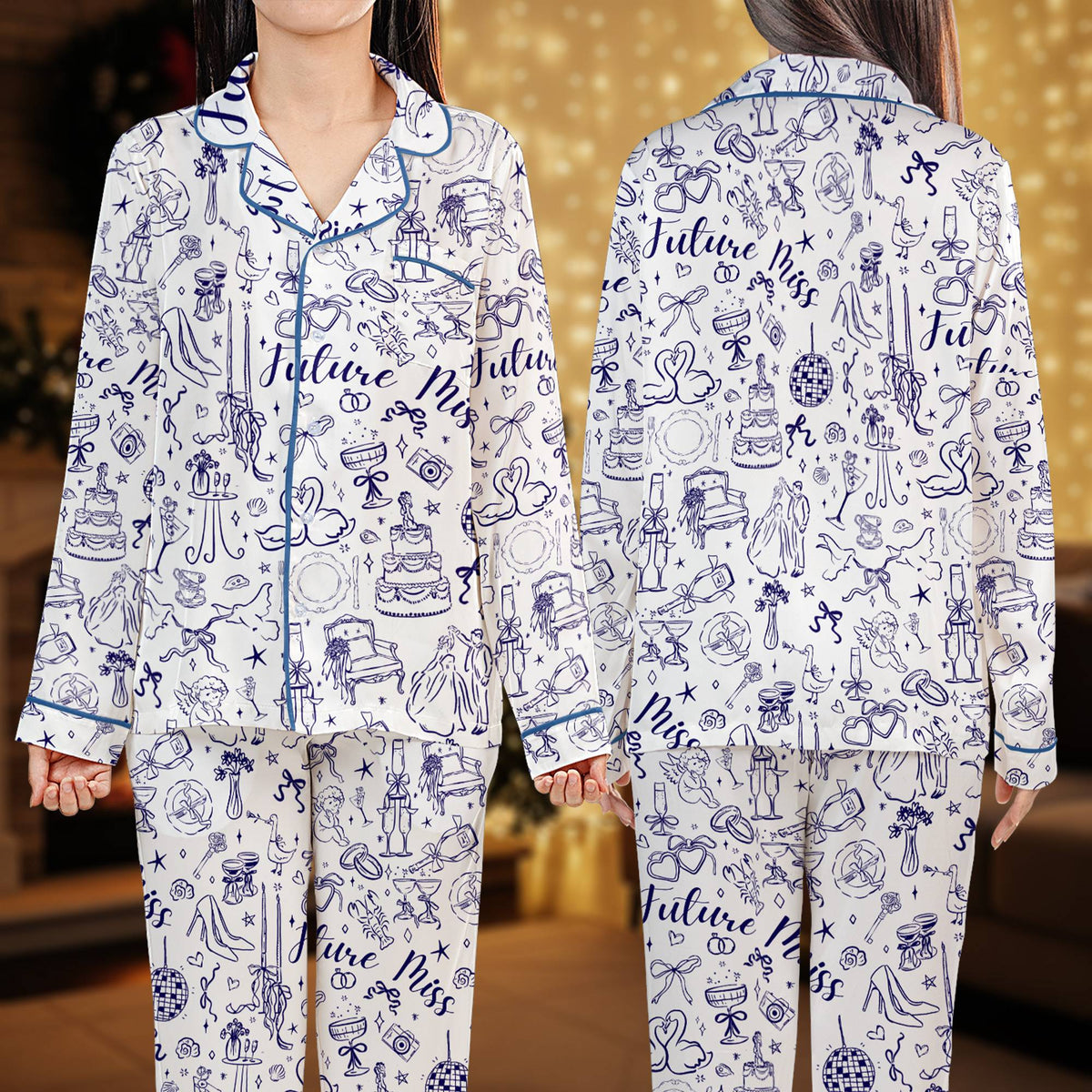 Bridal pajama set showing disco ball and swan motifs, front view