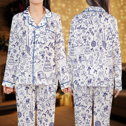 Bridal pajama set showing disco ball and swan motifs, front view