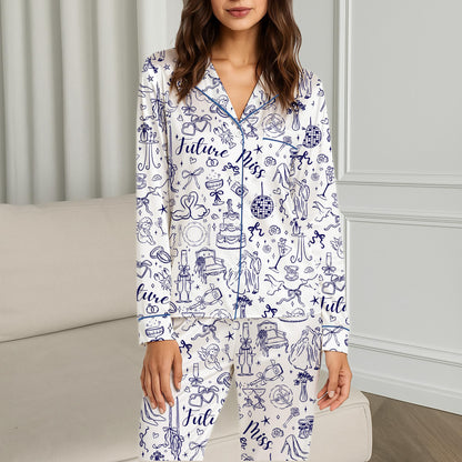 Bridal pajama set with white and navy wedding print, main view