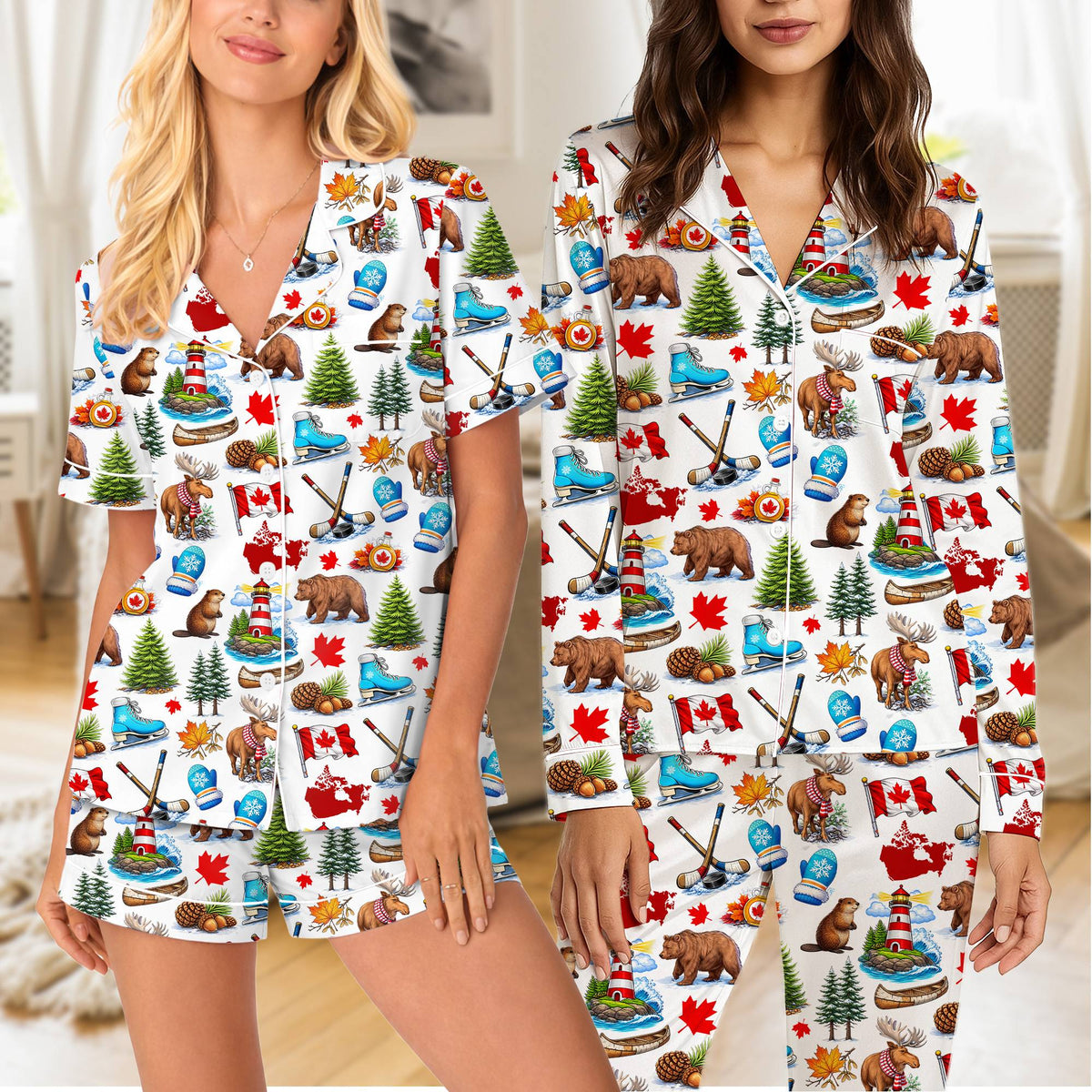 Detailed view of the canada pajama set top with hockey sticks and beavers
