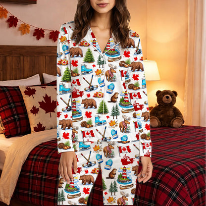 Close up of the pine tree and lighthouse print on the pajama set