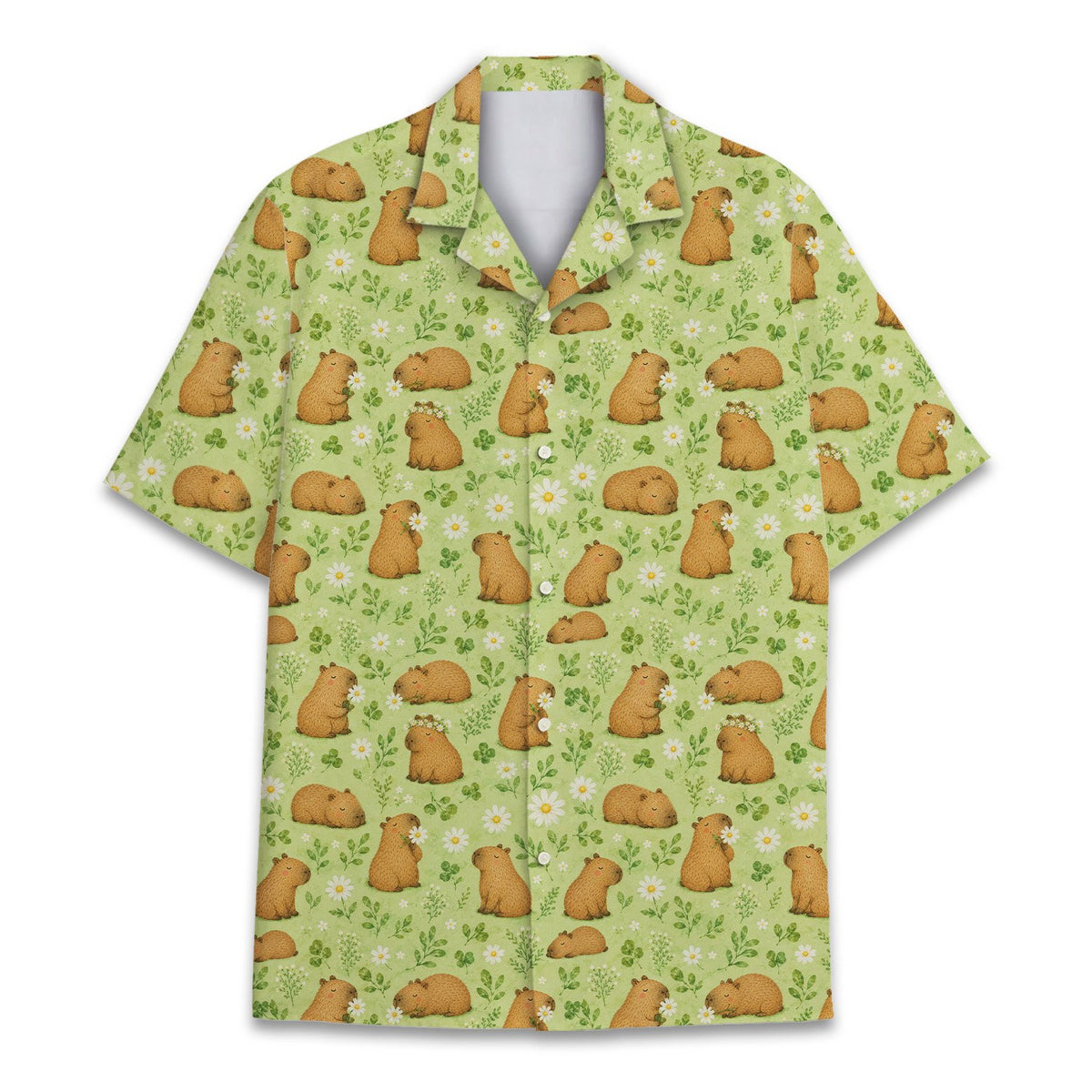 Front view of the capybara pajama set on a light green floral background