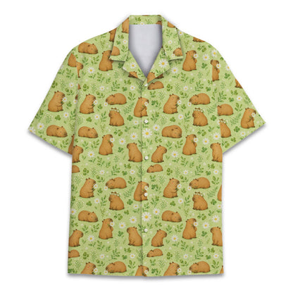Front view of the capybara pajama set on a light green floral background
