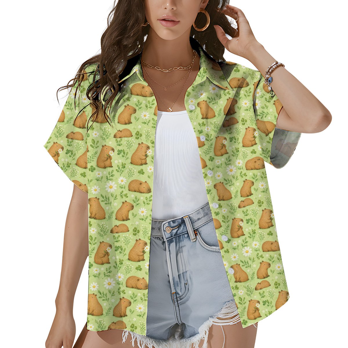 Third lifestyle view showing the floral capybara pattern on matching pajamas