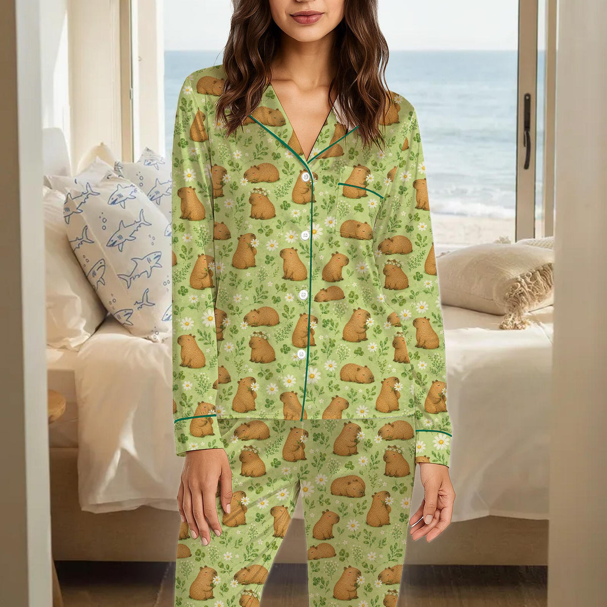 Ninth lifestyle view detailing the cute capybara print on the pajama set